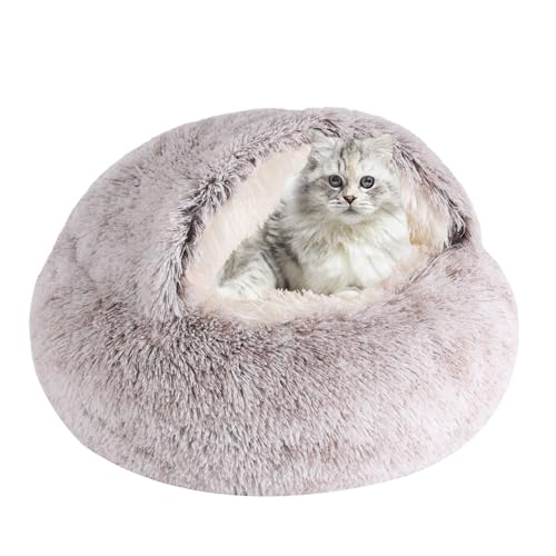 Rundes Katzenbett und Hundebett mit Kapuze und Höhle, Hundebett für kleine Hunde, Kunstfell-Kuschelbett, selbstwärmendes Donut-Hundebett für Haustiere bis zu 2,3 kg (Kaffee, 40,6 x 40,6 cm) von KKBDOO