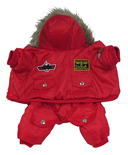 KKDIY Roter USA Airman Style Pet Dogs Mantel Warmes kleines Hundekleid Fleece Wintermantel Schneeanzug Kapuzenoverall wasserdichte Kleidung von KKDIY