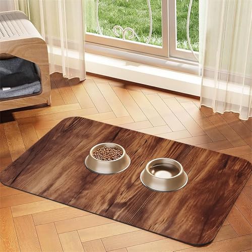 Braune Holzmaserung Hundefuttermatten für Böden, 30,5 x 45,7 cm, rutschfeste, super saugfähige Haustierfuttermatte, Geschirrspüler-Hundematte für Futter und Wasser, niedlich, Gummi, schnell trocknend von KKLWEGU