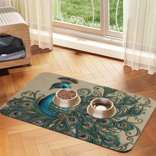 Hundefuttermatten mit Pfauenmuster, 40,6 x 61 cm, rutschfest, super saugfähig, spülmaschinenfest, Hundematte für Futter und Wasser, niedlich, schnell trocknend, Haustier-Futtermatte für Hunde, Welpen Hundefuttermatten mit Pfauenmuster, 40,6 x 61 cm, rutschfest, super saugfähig, spülmaschinenfest, Hundematte für Futter und Wasser, niedlich, schnell trocknend, Haustier-Futtermatte für Hunde, Welpen von KKLWEGU