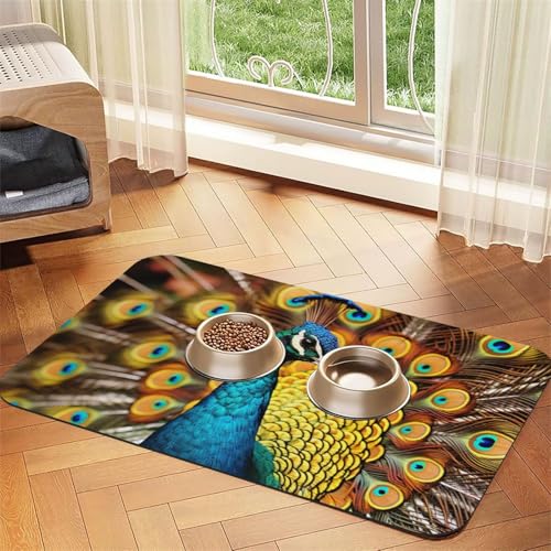 Pfauenfuttermatten für Böden, rutschfest, super saugfähig, für Futter und Wasser, niedlich, Gummi, schnell trocknend, 40,6 x 61 cm, für Hunde, Welpen, Katzen Pfauenfuttermatten für Böden, rutschfest, super saugfähig, für Futter und Wasser, niedlich, Gummi, schnell trocknend, 40,6 x 61 cm, für Hunde, Welpen, Katzen von KKLWEGU