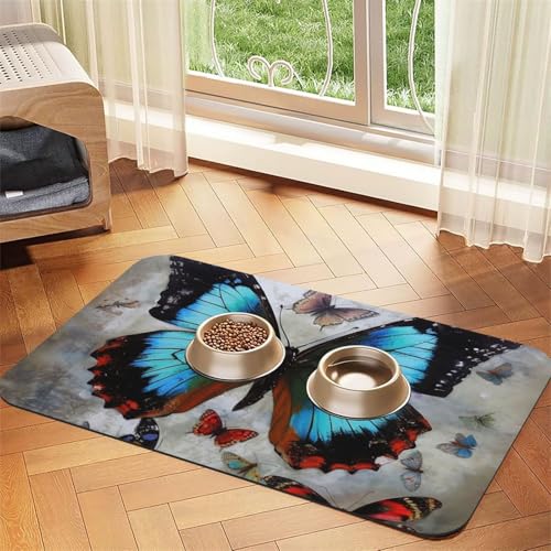 Schmetterlings-Hundefuttermatten für Böden, 40,6 x 61 cm, rutschfeste, super saugfähige Haustierfuttermatte, Geschirrspüler-Hundematte für Futter und Wasser, niedlich, Gummi, schnell trocknend Schmetterlings-Hundefuttermatten für Böden, 40,6 x 61 cm, rutschfeste, super saugfähige Haustierfuttermatte, Geschirrspüler-Hundematte für Futter und Wasser, niedlich, Gummi, schnell trocknend von KKLWEGU
