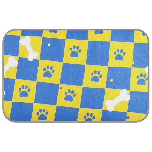 KLL Kühlende und selbstkühlende Katzendecke mit Pfotenabdrücken, für den Innenbereich, rutschfest, Blau und Gelb kariert, Größe M von KLL