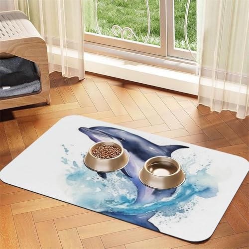Super saugfähige Hundefuttermatte, Aquarell, Delfin im Meer, Haustier-Futtermatte für Futter- und Wassernäpfe, rutschfest, wasserdicht, Platzierunterlage für Böden, schnell trocknende von KLLTYHMU