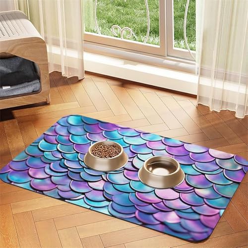 Super saugfähige Hundefuttermatte, Aquarell-Meerjungfrau, Haustier-Futtermatte für Futter- und Wassernäpfe, rutschfest, wasserdicht, Platzierunterlage für Böden, schnell trocknende Wasserspendermatte von KLLTYHMU