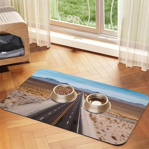 Super saugfähige Hundefuttermatte, Autobahnstraße in der Wüste, Haustier-Futtermatte für Futter- und Wassernäpfe, rutschfest, wasserdicht, Platzierungspad für Böden, schnell trocknende von KLLTYHMU