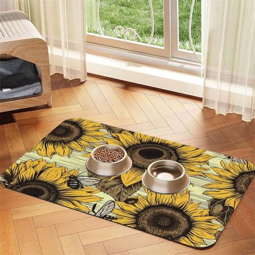 Super saugfähige Hundefuttermatte, Bienen, Sonnenblume, Haustier-Futtermatte für Futter- und Wassernäpfe, rutschfest, wasserdicht, Platzierungspad für Böden, schnell trocknende Wasserspendermatte für Super saugfähige Hundefuttermatte, Bienen, Sonnenblume, Haustier-Futtermatte für Futter- und Wassernäpfe, rutschfest, wasserdicht, Platzierungspad für Böden, schnell trocknende Wasserspendermatte für von KLLTYHMU