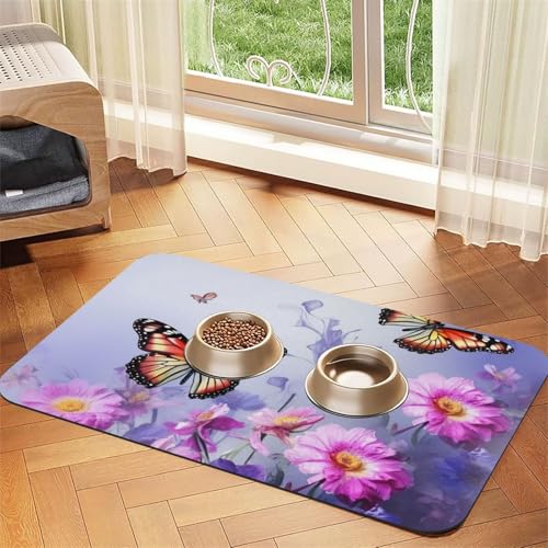 Super saugfähige Hundefuttermatte, Blumen und Schmetterling, Haustier-Futtermatte für Futter- und Wassernäpfe, rutschfest, wasserdicht, Platzierungspad für Böden, schnell trocknende Wasserspendermatte Super saugfähige Hundefuttermatte, Blumen und Schmetterling, Haustier-Futtermatte für Futter- und Wassernäpfe, rutschfest, wasserdicht, Platzierungspad für Böden, schnell trocknende Wasserspendermatte von KLLTYHMU