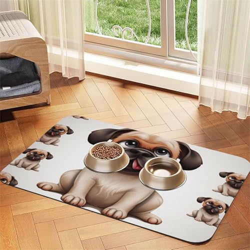 Super saugfähige Hundefuttermatte, Cartoon-Mops, Haustier-Futtermatte für Futter- und Wassernäpfe, rutschfest, wasserdicht, Platzierungspad für Böden, schnell trocknende Wasserspendermatte für Hunde von KLLTYHMU