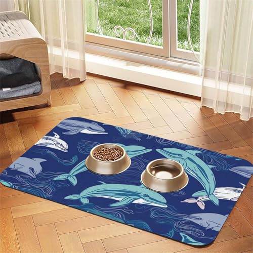 Super saugfähige Hundefuttermatte, Delfin-Haustier-Futtermatte für Futter- und Wassernäpfe, rutschfest, wasserdicht, Platzierungspad für Böden, schnell trocknende Wasserspendermatte für Hunde, Welpen von KLLTYHMU