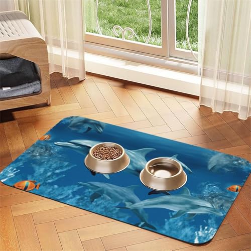 Super saugfähige Hundefuttermatte, Delfine, blau, Haustier-Futtermatte für Futter- und Wassernäpfe, rutschfest, wasserdicht, Platzierungspad für Böden, schnell trocknende Wasserspendermatte für Hunde von KLLTYHMU