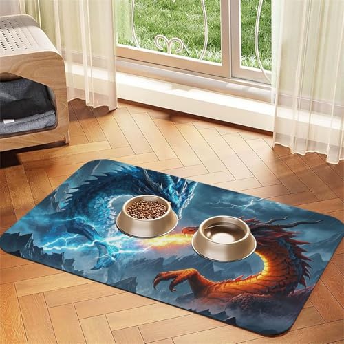 Super saugfähige Hundefuttermatte, Eisdrache und Feuerdrache, Haustier-Futtermatte für Futter- und Wassernäpfe, rutschfest, wasserdicht, Platzierungspad für Böden, schnell trocknende von KLLTYHMU