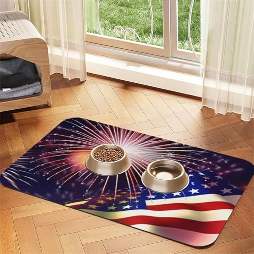 Super saugfähige Hundefuttermatte, Flagge, Feuerwerk, Haustier-Futtermatte für Futter- und Wassernäpfe, rutschfest, wasserdicht, Platzierungspad für Böden, schnell trocknende Wasserspendermatte für von KLLTYHMU