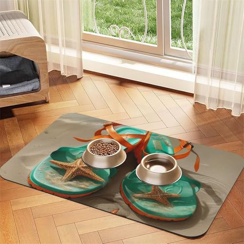 Super saugfähige Hundefuttermatte, Flip-Flops am Sandstrand, Haustier-Füttermatte für Futter- und Wassernäpfe, rutschfest, wasserdicht, Platzierungspad für Böden, schnell trocknende Wasserspendermatte von KLLTYHMU