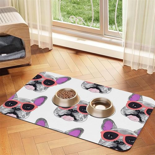 Super saugfähige Hundefuttermatte, Französische Bulldogge, rosa Brille, Haustier-Futtermatte für Futter- und Wassernäpfe, rutschfest, wasserdicht, Platzierungspad für Böden, schnell trocknende von KLLTYHMU