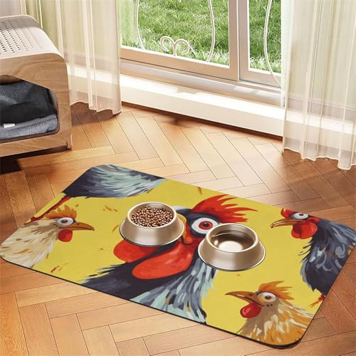 Super saugfähige Hundefuttermatte, Kunst-Huhn-Malerei, Haustier-Futtermatte für Futter- und Wassernäpfe, rutschfest, wasserdicht, Platzierungspad für Böden, schnell trocknende Wasserspendermatte für von KLLTYHMU