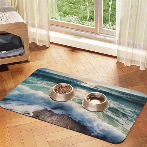 Super saugfähige Hundefuttermatte, Meer auf den Brettern, Haustier-Futtermatte für Futter- und Wassernäpfe, rutschfest, wasserdicht, Platzierungspad für Böden, schnell trocknende Wasserspendermatte von KLLTYHMU