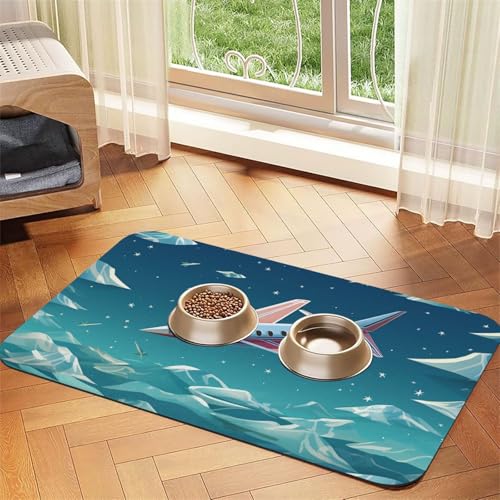 Super saugfähige Hundefuttermatte, Papierflugzeug, Haustier-Futtermatte für Futter- und Wassernäpfe, rutschfest, wasserdicht, Platzierungspad für Böden, schnell trocknende Wasserspendermatte für Hunde von KLLTYHMU