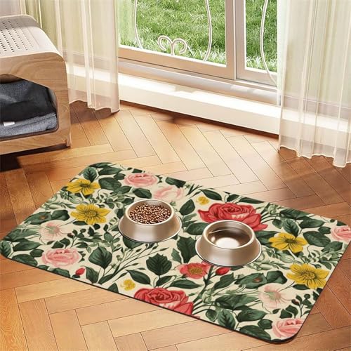 Super saugfähige Hundefuttermatte, Rose, Haustier-Futtermatte für Futter- und Wassernäpfe, rutschfest, wasserdicht, Platzierungspad für Böden, schnell trocknende Wasserspendermatte für Hunde, Welpen von KLLTYHMU