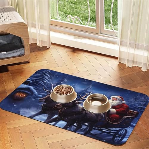 Super saugfähige Hundefuttermatte, Schnee-Nacht, Weihnachtsmann und Hirsch, Haustier-Futtermatte für Futter- und Wassernäpfe, rutschfest, wasserdicht, Platzierungspad für Böden, schnell trocknende Super saugfähige Hundefuttermatte, Schnee-Nacht, Weihnachtsmann und Hirsch, Haustier-Futtermatte für Futter- und Wassernäpfe, rutschfest, wasserdicht, Platzierungspad für Böden, schnell trocknende von KLLTYHMU