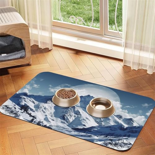 Super saugfähige Hundefuttermatte, Schneegebirge, Haustier-Futtermatte für Futter- und Wassernäpfe, rutschfest, wasserdicht, Platzierungspad für Böden, schnell trocknende Wasserspendermatte für Hunde von KLLTYHMU