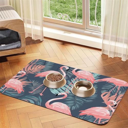 Super saugfähige Hundefuttermatte, Sommer-Flamingo-Palmenblätter, Haustier-Futtermatte für Futter- und Wassernäpfe, rutschfest, wasserdicht, Platzierungspad für Böden, schnell trocknende von KLLTYHMU