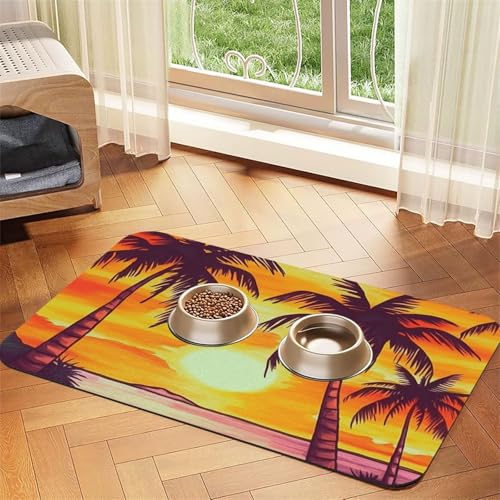 Super saugfähige Hundefuttermatte, Sonnenuntergang Palme, Haustier-Futtermatte für Futter- und Wassernäpfe, rutschfest, wasserdicht, Platzierungspad für Böden, schnell trocknende Wasserspendermatte von KLLTYHMU