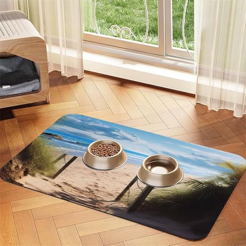 Super saugfähige Hundefuttermatte, Strandlandschaft, Haustier-Futtermatte für Futter- und Wassernäpfe, rutschfest, wasserdicht, Platzierungspad für Böden, schnell trocknende Wasserspendermatte für von KLLTYHMU