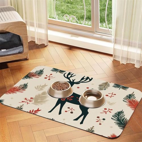 Super saugfähige Hundefuttermatte, Weihnachts-Rentier, Haustier-Futtermatte für Futter- und Wassernäpfe, rutschfest, wasserdicht, Platzierungspad für Böden, schnell trocknende Wasserspendermatte für von KLLTYHMU