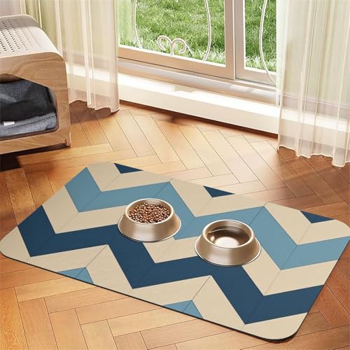 Super saugfähige Hundefuttermatte, blau-beige gestreift, Haustier-Futtermatte für Futter- und Wassernäpfe, rutschfest, wasserdicht, Platzierungspad für Böden, schnell trocknende Wasserspendermatte für von KLLTYHMU