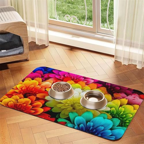 Super saugfähige Hundefuttermatte, bunte Blumen, Haustier-Futtermatte für Futter- und Wassernäpfe, rutschfest, wasserdicht, Platzierunterlage für Böden, schnell trocknende Wasserspendermatte für Hunde von KLLTYHMU