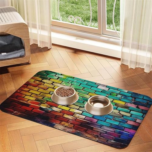 Super saugfähige Hundefuttermatte, bunte Ziegelstein-Futtermatte für Futter- und Wassernäpfe, rutschfest, wasserdicht, Platzierungspad für Böden, schnell trocknende Wasserspendermatte für Hunde von KLLTYHMU