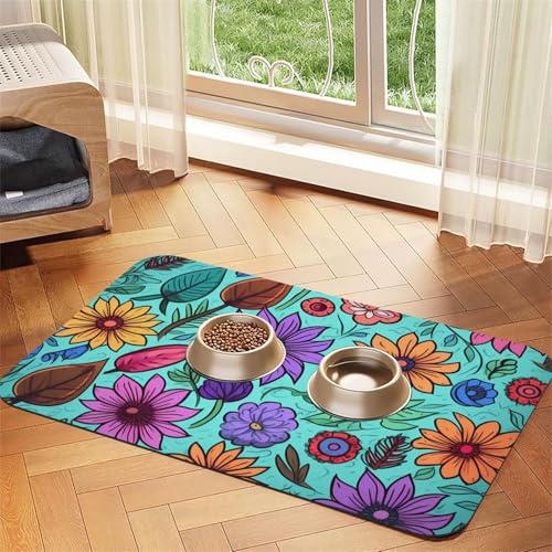 Super saugfähige Hundefuttermatte, farbige Kritzelei-Blumen, Haustier-Futtermatte für Futter- und Wassernäpfe, rutschfest, wasserdicht, Platzierungspad für Böden, schnell trocknende Wasserspendermatte von KLLTYHMU