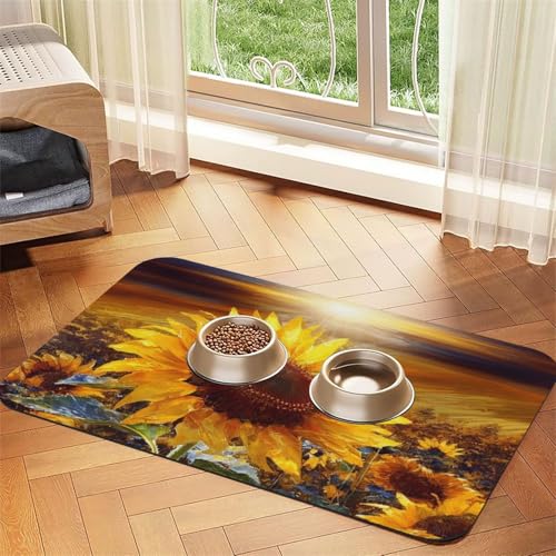 Super saugfähige Hundefuttermatte, goldene Sonnenblumen-Haustier-Futtermatte für Futter- und Wassernäpfe, rutschfest, wasserdicht, Platzierungspad für Böden, schnell trocknende Wasserspendermatte für von KLLTYHMU