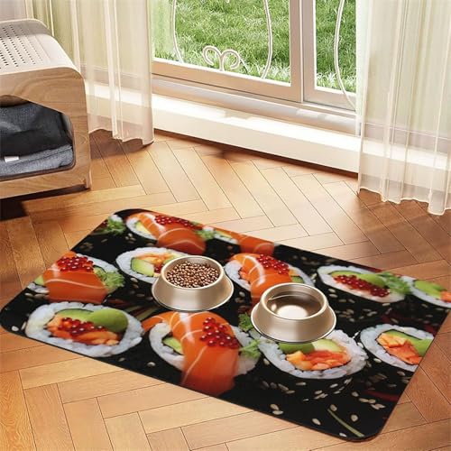 Super saugfähige Hundefuttermatte, japanische Sushi-Garnelen-Haustier-Futtermatte für Futter- und Wassernäpfe, rutschfeste, wasserdichte Platzierungspad für Böden, schnell trocknende von KLLTYHMU