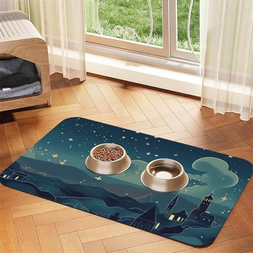 Super saugfähige Hundefuttermatte, magische Nächte, Haustier-Futtermatte für Futter- und Wassernäpfe, rutschfest, wasserdicht, Platzierungspad für Böden, schnell trocknende Wasserspendermatte für von KLLTYHMU