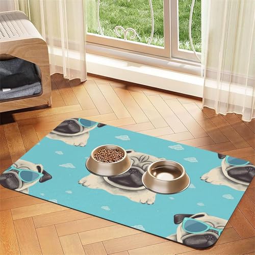 Super saugfähige Hundefuttermatte, niedlicher Mops, Haustier-Futtermatte für Futter- und Wassernäpfe, rutschfest, wasserdicht, Platzierungspad für Böden, schnell trocknende Wasserspendermatte für von KLLTYHMU