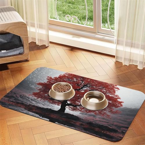 Super saugfähige Hundefuttermatte, roter Baum, Haustier-Futtermatte für Futter- und Wassernäpfe, rutschfest, wasserdicht, Platzierungspad für Böden, schnell trocknende Wasserspendermatte für Hunde von KLLTYHMU