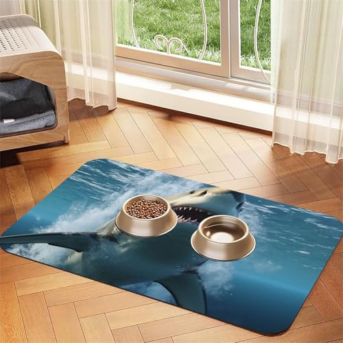 Super saugfähige Hundefuttermatte, schöne Hai-Haustier-Füttermatte für Futter- und Wassernäpfe, rutschfest, wasserdicht, Platzierungspad für Böden, schnell trocknende Wasserspendermatte für Hunde von KLLTYHMU