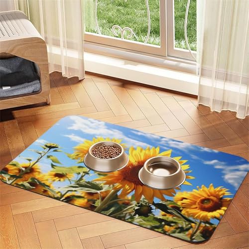 Super saugfähige Hundefuttermatte, schöne Sonnenblumen-Haustier-Futtermatte für Futter- und Wassernäpfe, rutschfest, wasserdicht, Platzierungspad für Böden, schnell trocknende Wasserspendermatte für von KLLTYHMU