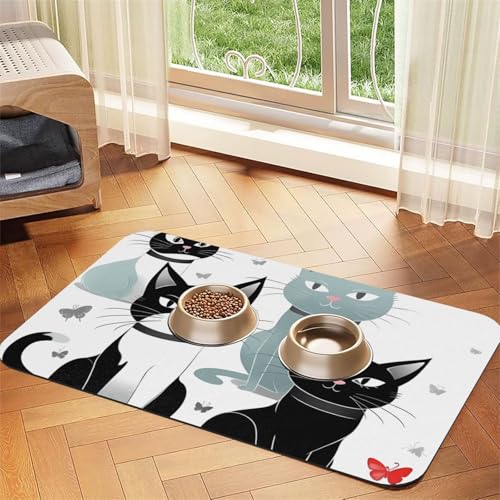 Super saugfähige Hundefuttermatte, schwarze und weiße Katzen, Haustier-Futtermatte für Futter- und Wassernäpfe, rutschfest, wasserdicht, Platzierungspad für Böden, schnell trocknende von KLLTYHMU