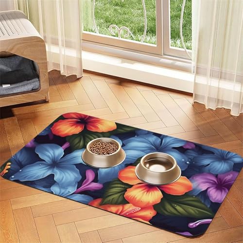Super saugfähige Hundefuttermatte, tropisches Blumenmuster, Haustier-Futtermatte für Futter- und Wassernäpfe, rutschfest, wasserdicht, Platzierungspad für Böden, schnell trocknende Wasserspendermatte von KLLTYHMU