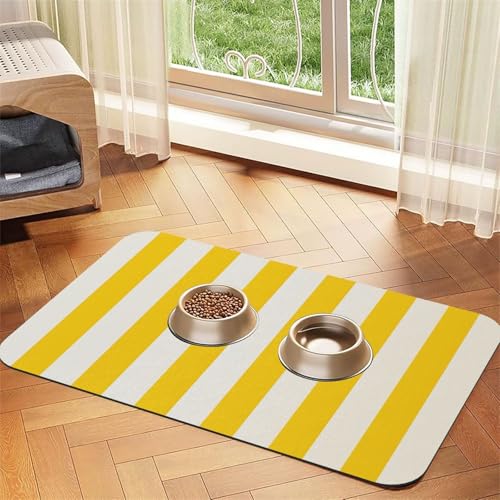 Super saugfähige Hundefuttermatte, zitronengelbe Streifen, Haustier-Futtermatte für Futter- und Wassernäpfe, rutschfest, wasserdicht, Platzierungspad für Böden, schnell trocknende Wasserspendermatte von KLLTYHMU
