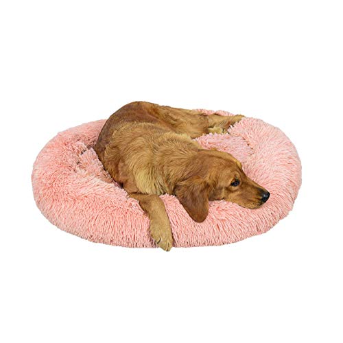 Hundebett Plüsch Rund Hundekissen Premium Orthopädisches Haustierbett für große und extra große Hunde waschbar Donut Hundekörbchen(Leder Pink,Ø 100CM) von KLMYTCWSD