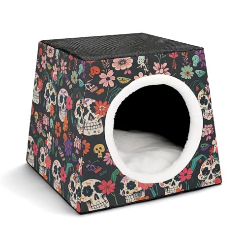 Haustier-Schlafnest, Tag der Toten, florales Totenkopf-Muster, bedrucktes Hundehaus, Katzennest, Winter-Haustierhaus ist geeignet für die meisten Katzen, Hunde und andere kleine Haustiere Haustier-Schlafnest, Tag der Toten, florales Totenkopf-Muster, bedrucktes Hundehaus, Katzennest, Winter-Haustierhaus ist geeignet für die meisten Katzen, Hunde und andere kleine Haustiere von KLSVTMEA