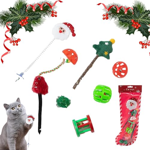 KLUFO Kätzchenspielzeug, Weihnachtskätzchen-Zauberstab-Teaser-Spielzeug, Interaktives Katzenspielzeug-Set, Spielzeug zu Necken von Haustieren, lustige Übung für Kätzchen und Katzen von KLUFO