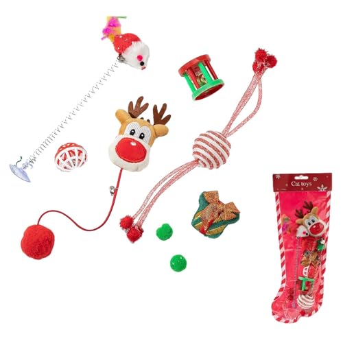 KLUFO Kätzchenspielzeug,Weihnachtskätzchen-Zauberstab-Spielzeug-Set | Lustiges Kätzchenspielzeug, interaktives Spielzeug für gelangweilte Hauskatzen beim Jagen und Trainieren von KLUFO