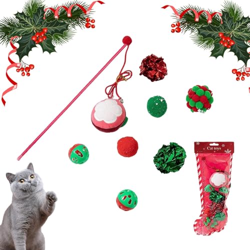 KLUFO Weihnachtskatzenspielzeug,Weihnachtskätzchen-Zauberstab-Spielzeug-Set - Interaktiver Kätzchen-Teaser, Haustier-Katzen-Stick-Spielzeug für gelangweilte Katzen im Innenbereich von KLUFO