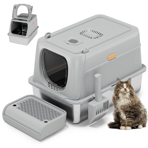 KMNSUN Katzenklo mit Deckel, (XXL) Edelstahl Katzenklo mit Deckel, 30L Extra große Katzentoilette mit Doppelfilterstufen und Schaufel, hoher Rand, klebend und auslaufsiche von KMNSUN