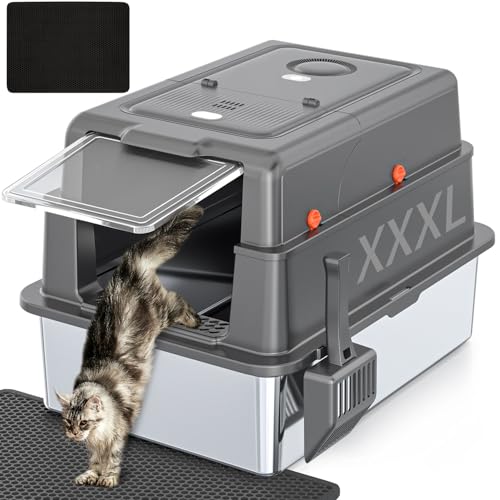 XXXL Extra große Katzentoilette aus Edelstahl mit Deckel, 71,1 cm L x 52,1 cm B x 43,2 cm H abgedeckte Edelstahl-Katzentoilette, geeignet für große Katzen und mehrere Katzen, nicht klebrig von KMNSUN